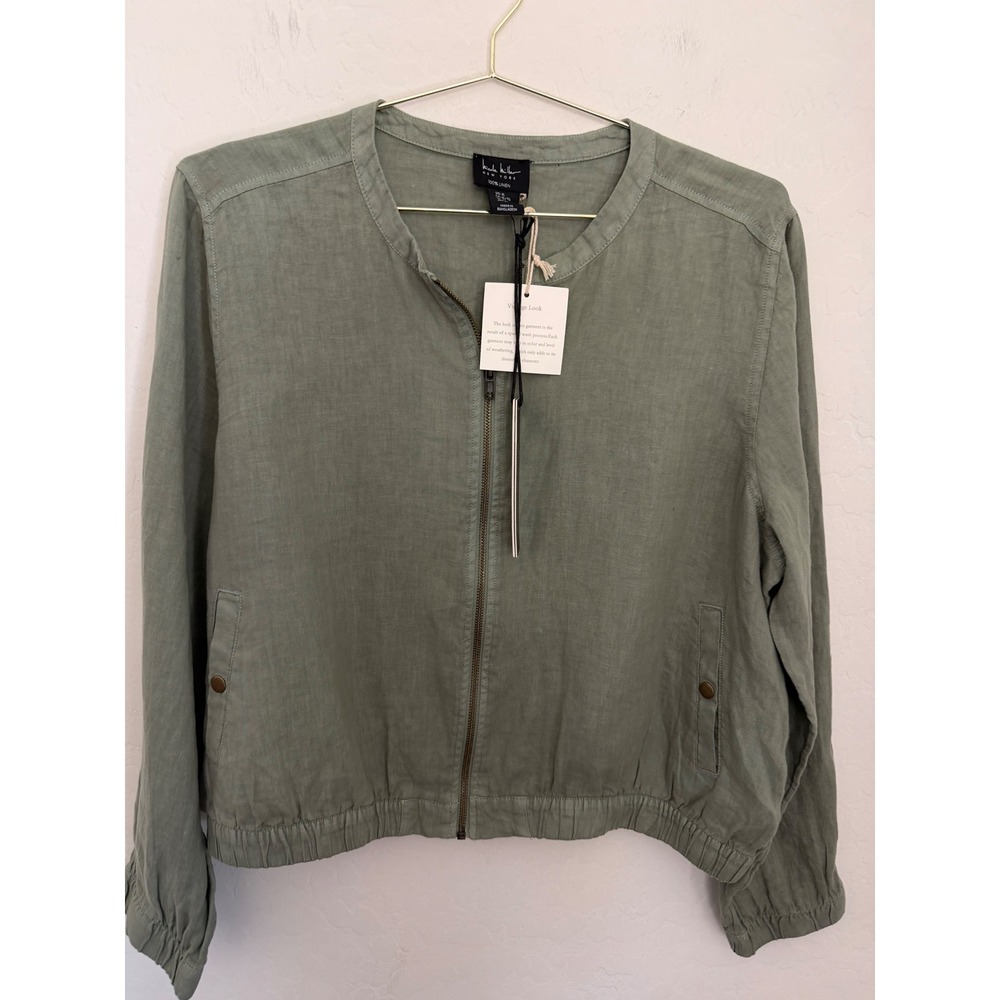 Nicole Miller New York Women XL Sage Green 100% Linen Zip Up Bomber Jacket NWT